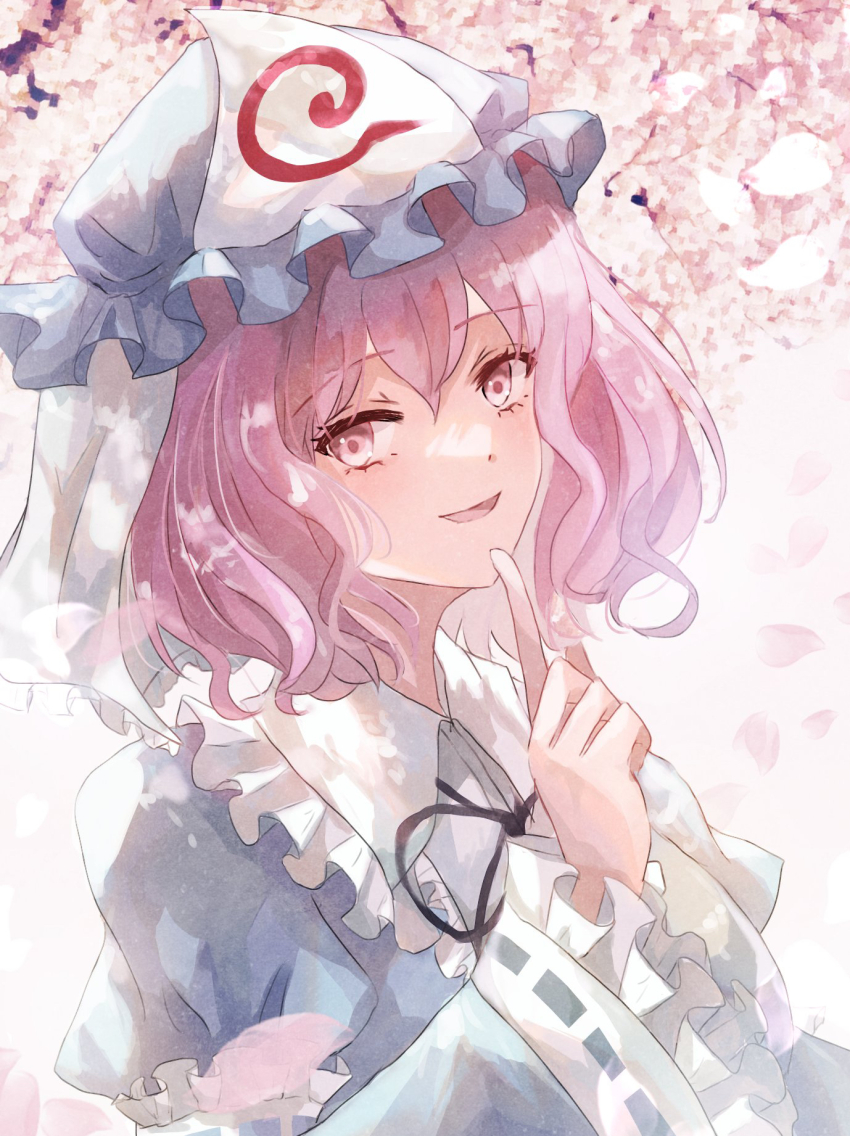 1girl aridamikannn black_ribbon blue_hat blue_kimono cherry_blossoms commentary_request falling_petals frilled_kimono frills hat highres japanese_clothes kimono long_sleeves looking_at_viewer medibang_paint_(medium) medium_hair mob_cap neck_ribbon open_mouth petals pink_eyes pink_hair pink_petals ribbon ribbon-trimmed_sleeves ribbon_trim saigyouji_yuyuko sleeve_garter smile solo touhou triangular_headpiece wide_sleeves