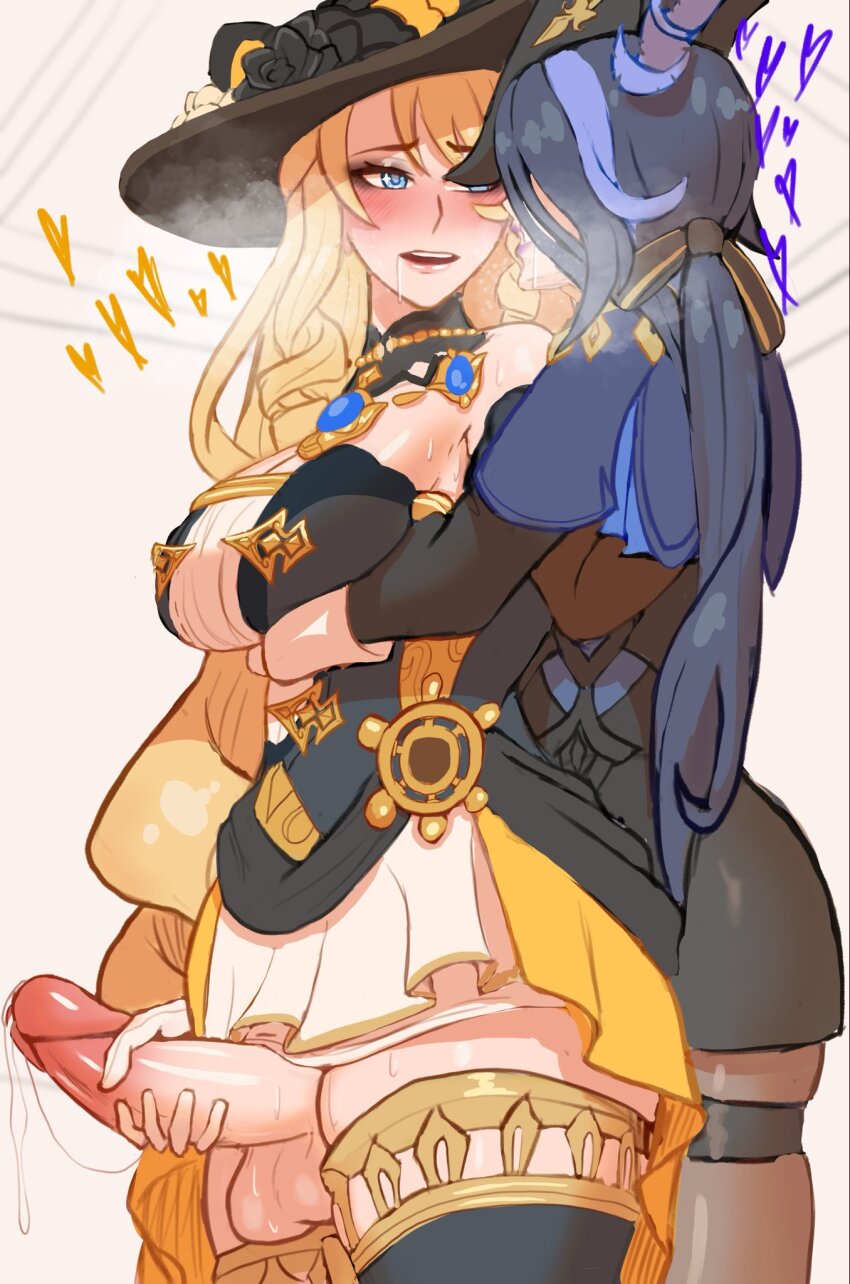 1futa 1girl blonde_hair blue_eyes blue_hair blush breast_hold breasts brooch clorinde_(genshin_impact) clothes cuffs dark_blue_hair detached_sleeves dress drooling erection flower_on_hat futa_with_female futanari genshin_impact handjob handjob_from_behind hat heart helm helmet highres hug hug_from_behind jewelry large_breasts long_hair multicolored_hair navia_(genshin_impact) penis pleated_dress pleated_skirt precum precum_string redfuchsia skirt testicles thick_thighs thigh_strap thighhighs thighs two-tone_hair uncensored very_long_hair white_background