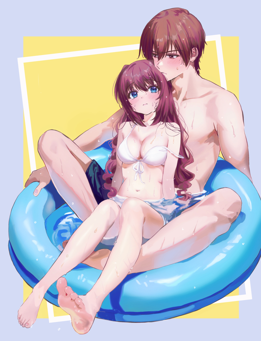 &gt;:( 1boy 1girl 3: a-chan_(little_busters!) absurdres barefoot between_legs bikini blue_eyes blue_innertube blush breasts brown_eyes brown_hair cleavage closed_mouth collarbone commentary_request couple curvy embarrassed eyelashes feet front-tie_bikini_top front-tie_top full_body grey_background hair_between_eyes heads_together hetero highres indian_style knees_up large_breasts little_busters! long_hair looking_at_another looking_to_the_side male_swimwear miiizuno_lbs natsume_kyousuke navel simple_background sitting soles split_mouth strap_slip swim_ring swim_trunks swimsuit toenails toes tsurime two-tone_background v-shaped_eyebrows very_long_hair water wavy_hair wet wet_hair white_bikini yellow_background