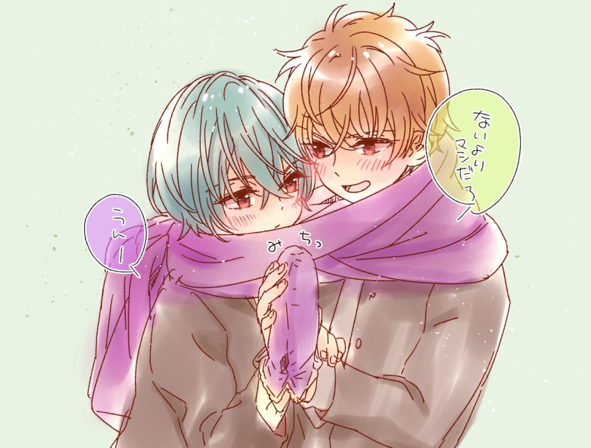 2boys blush brothers brown_hair gakuran gloves green_hair haccaq high_speed! kirishima_ikuya kirishima_natsuya male_focus multiple_boys red_eyes scarf school_uniform shared_clothes shared_scarf short_hair siblings simple_background smile text_focus