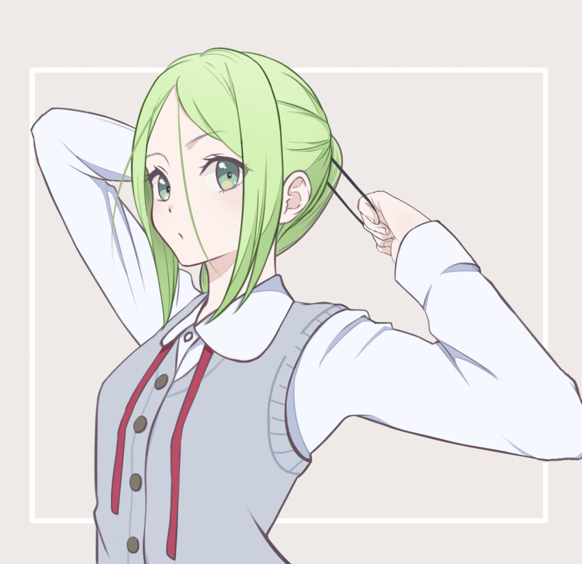 1girl 22/7 collared_shirt green_eyes green_hair grey_background grey_vest hair_ornament hair_tie hairclip hairdressing highres holding holding_hair_tie kiryu_touko long_sleeves looking_at_viewer looking_to_the_side neck_ribbon parted_bangs ponytail red_ribbon ribbon ryokucha_(cha_22_7) shirt solo upper_body vest white_shirt