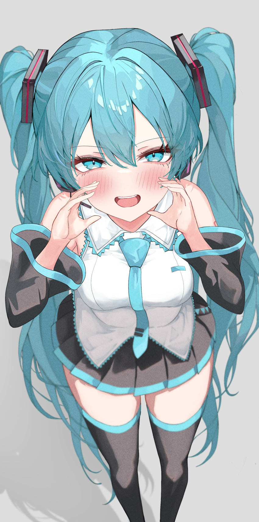 1girl absurdres aqua_eyes aqua_hair aqua_necktie black_skirt blush boots breasts detached_sleeves eikawa_suru hair_between_eyes hair_ornament hatsune_miku headphones highres long_hair long_sleeves looking_at_viewer medium_breasts necktie open_mouth pleated_skirt shirt simple_background skirt sleeveless sleeveless_shirt smile solo thigh_boots thighhighs twintails very_long_hair vocaloid wide_sleeves zettai_ryouiki