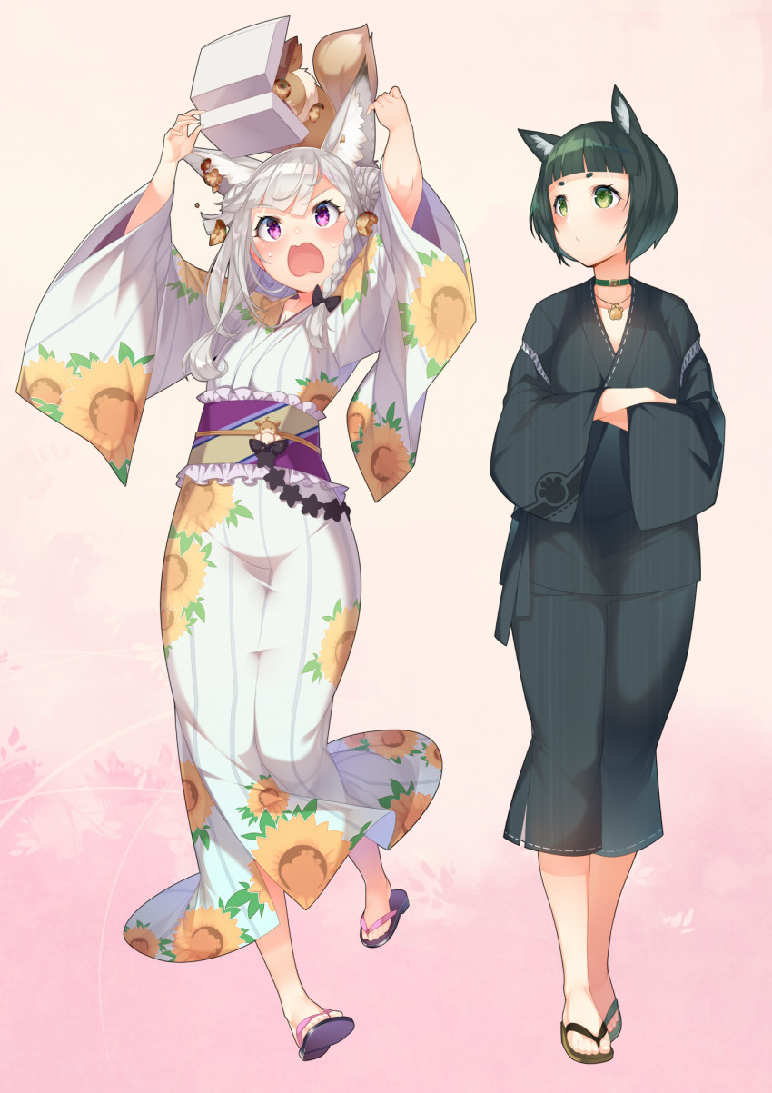 2girls nanashi_inc. animal animal_ear_fluff animal_ears animal_on_head animare blush braid choker crossed_arms food green_eyes green_hair haibara_akane highres japanese_clothes kokka_han long_hair multiple_girls obi on_head open_mouth pink_background purple_eyes sandals sash shiromiya_mimi short_hair side_braid virtual_youtuber white_hair