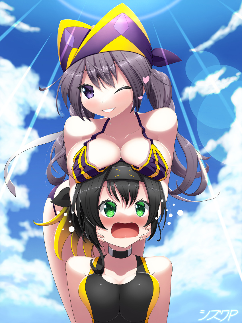 2girls absurdres bare_shoulders bikini black_bikini black_hair breast_rest breasts breasts_on_head choker cleavage cloud cloudy_sky collarbone duel_monster embarrassed green_eyes grey_hair hair_between_eyes hands_on_another&#039;s_cheeks hands_on_another&#039;s_face heart highres i:p_masquerena large_breasts leaning_forward long_hair looking_at_viewer looking_up multiple_girls one-piece_swimsuit one_eye_closed open_mouth s-force_rappa_chiyomaru s:p_little_knight shizuku-p_(ktps5732) sky smile sunlight swimsuit yu-gi-oh!
