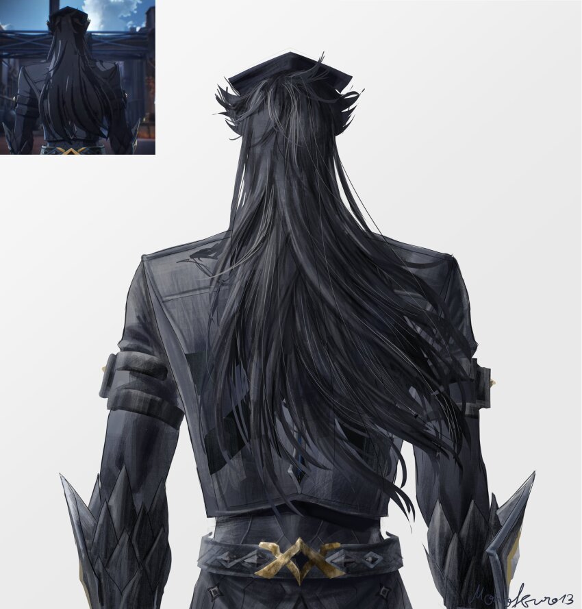 1boy absurdres arm_belt armor belt black_armor black_belt black_hair black_jacket capitano_(genshin_impact) commentary cowboy_shot english_commentary from_behind genshin_impact grey_background helmet highres jacket long_hair long_sleeves male_focus monokuro_13 reference_inset signature solo standing
