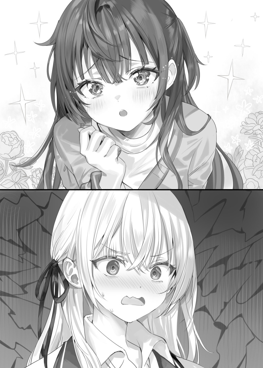 2girls :o absurdres alisa_mikhailovna_kujou blush collared_shirt commentary_request crossed_bangs embarrassed furrowed_brow greyscale hair_between_eyes hair_ribbon hand_up highres long_hair looking_at_viewer momoko_(momopoco) monochrome multiple_girls novel_illustration official_art open_mouth ribbon school_uniform second-party_source seiren_academy_school_uniform shirt sparkle_background suou_yuki sweat tokidoki_bosotto_roshia-go_de_dereru_tonari_no_alya-san wing_collar