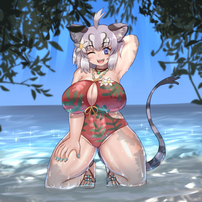 1girl animal_ears bare_shoulders beach blue_eyes breasts cave_lion_(kemono_friends) cleavage_cutout clothing_cutout grey_hair highres huge_breasts kemono_friends kemono_friends_3 kneeling lion_ears lion_girl lion_tail looking_at_viewer mo23 multicolored_hair one-piece_swimsuit open_mouth red_one-piece_swimsuit short_hair smile solo swimsuit tail white_hair