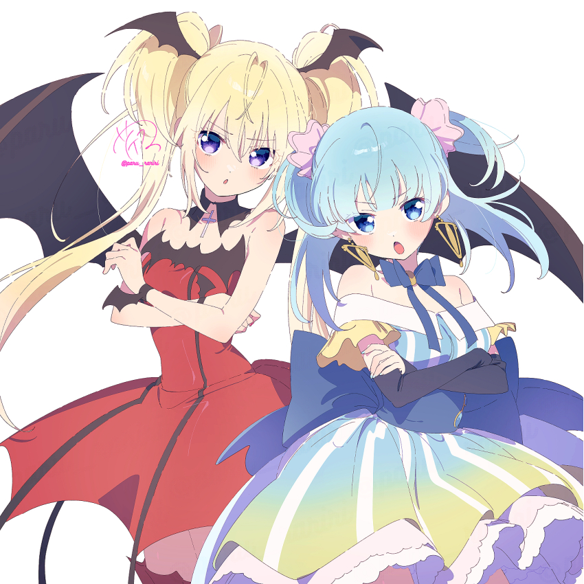 2girls animal_print back_bow bare_shoulders bat_print black_arm_warmers black_collar black_wings blonde_hair blue_bow blue_bowtie blue_choker blue_dress blue_eyes blue_hair blue_sash blunt_bangs boots bow bowtie bracelet choker collar collared_dress commentary_request cowboy_shot cross crossover demon_girl demon_wings detached_collar dot_nose dress earrings eyelashes frilled_dress frilled_sleeves frills furrowed_brow gold_earrings gradient_clothes gradient_dress green_dress hair_between_eyes hair_ornament hair_scrunchie head_wings highres hoshina_utau jewelry large_bow light_blush long_hair looking_at_viewer loose_hair_strand lunatic_charm magia_record:_mahou_shoujo_madoka_magica_gaiden magical_girl mahou_shoujo_madoka_magica minami_rena multiple_girls multiple_wings off-shoulder_dress off_shoulder open_mouth paru_rari pink_scrunchie pleated_dress purple_eyes red_boots red_dress sash scrunchie short_dress short_sleeves shugo_chara! signature simple_background standing strapless strapless_dress striped_clothes striped_dress thigh_boots trait_connection triangle_earrings twintails twitter_username two_side_up vertical-striped_clothes vertical-striped_dress very_long_hair waist_sash white_background white_sleeves wings