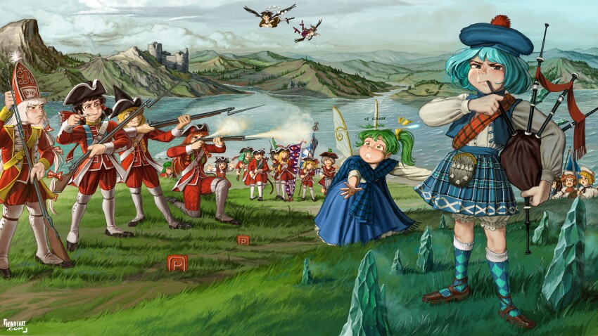 6+girls absurdres alternate_costume bagpipes chen cirno day flandre_scarlet fujiwara_no_mokou futatsuiwa_mamizou gun hakurei_reimu highres himekaidou_hatate hindsart hong_meiling instrument kaenbyou_rin kagiyama_hina kazami_yuuka kilt kirisame_marisa lake luna_child lyrica_prismriver mountainous_horizon multiple_girls outdoors scot scotland shameimaru_aya star_sapphire sunny_milk touhou uniform weapon yakumo_yukari