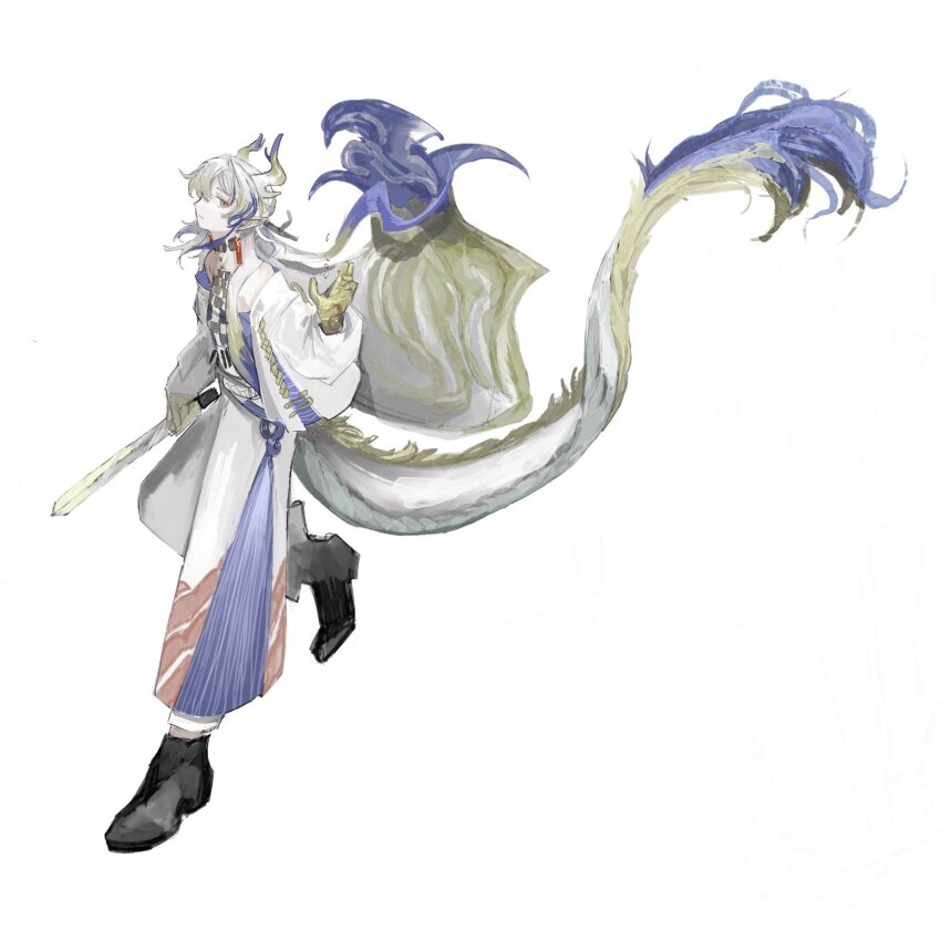 1girl arknights bare_shoulders black_shoes blonde_hair closed_mouth colored_extremities dragon_girl dragon_horns dragon_tail earrings expressionless floating floating_hair full_body grey_eyes hashtag-only_commentary highres holding holding_sword holding_weapon horns jacket jewelry long_hair long_sleeves looking_at_viewer multicolored_hair necklace nou_darake off_shoulder pointy_ears profile purple_hair shoes shu_(arknights) simple_background solo strapless sword tail tube_top very_long_hair weapon white_background white_hair white_jacket white_tube_top