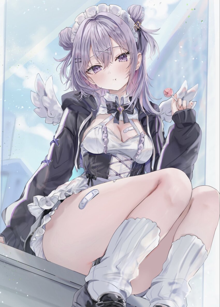 1girl angel_wings bandaid black_boots black_dress boots breasts candy dress expression_request food foot_out_of_frame grey_hair hand_up highres lollipop looking_at_viewer maid_headdress maruro medium_breasts original purple_eyes sitting socks solo white_dress white_socks white_wings wings