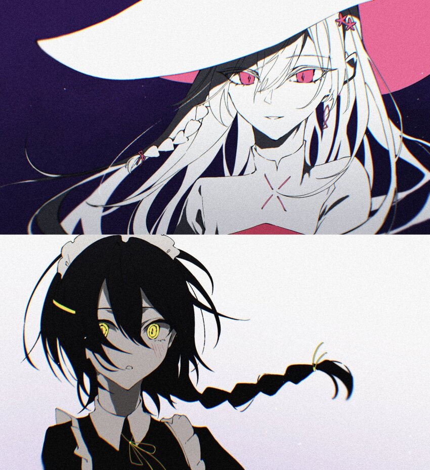 2girls black_hair blush braid chromatic_aberration color_contrast double-parted_bangs earrings film_grain floating_earrings floating_hair hair_between_eyes hair_ornament hairpin hat highres hp_001 ix_(lower) jewelry long_hair looking_at_viewer lower_(vocaloid) maid maid_headdress multiple_girls parted_lips pink_eyes side_braid single_braid slit_pupils smile suou_(lower) tsurime turtleneck two-sided_fabric two-sided_headwear white_hair white_hat wide-eyed wing_collar witch witch_hat yellow_eyes
