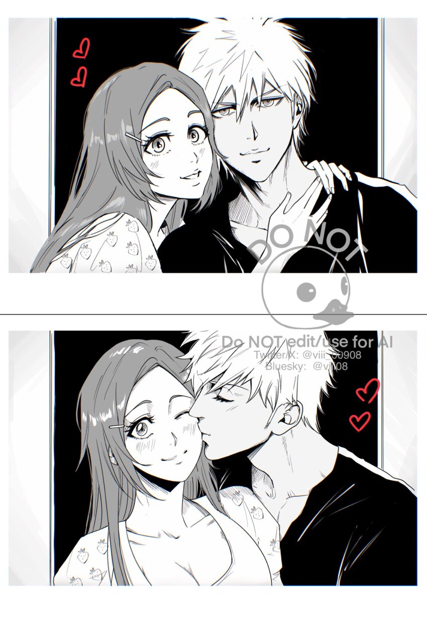 1boy 1girl arms_around_neck black_shirt bleach bluesky_username breasts cleavage closed_eyes couple food_print fruit_print hair_between_eyes hair_ornament hairclip hetero highres inoue_takina kiss kissing_cheek kurosaki_ichigo large_breasts light_blush long_hair one_eye_closed parted_bangs parted_lips print_shirt shirt short_hair strawberry_print twitter_username upper_body viii_00908