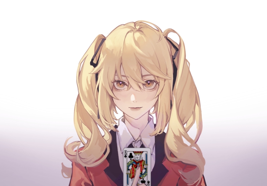 1girl ahoge blonde_hair brown_eyes card collared_shirt curly_hair elicooc gradient_background hair_between_eyes hair_ribbon hand_up highres holding holding_card hyakkaou_academy_school_uniform jacket kakegurui king_(playing_card) king_of_clubs long_hair looking_at_viewer playing_card portrait red_jacket ribbon saotome_mary school_uniform shirt smile solo straight-on twintails white_background white_shirt