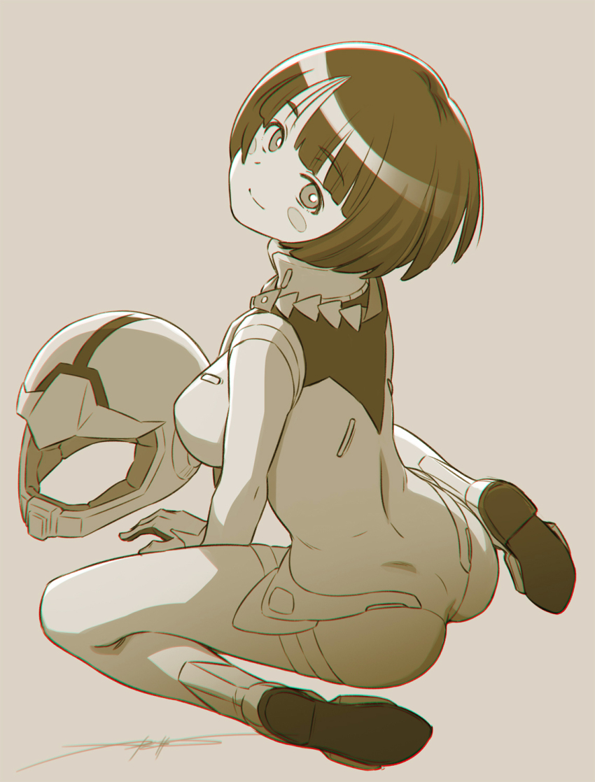 1girl blush_stickers bob_cut brown_background commentary full_body gundam gundam_gquuuuuux helmet highres kazuma_muramasa looking_at_viewer looking_back mecha_pilot_suit sepia shiiko_sugai short_hair simple_background sitting solo unworn_headwear unworn_helmet wariza