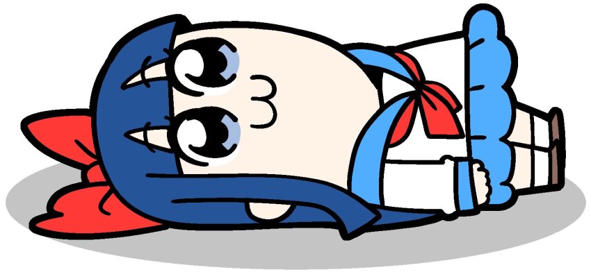 1girl :3 bkub blue_eyes blue_hair blue_sailor_collar blue_skirt blunt_bangs bow brown_shoes chibi chibi_only closed_mouth commentary_request full_body hair_bow long_hair long_sleeves lying neckerchief official_art on_back pipimi poptepipic red_bow red_neckerchief sailor_collar school_uniform serafuku shirt shoes sidelocks simple_background skirt socks solo white_background white_shirt white_socks