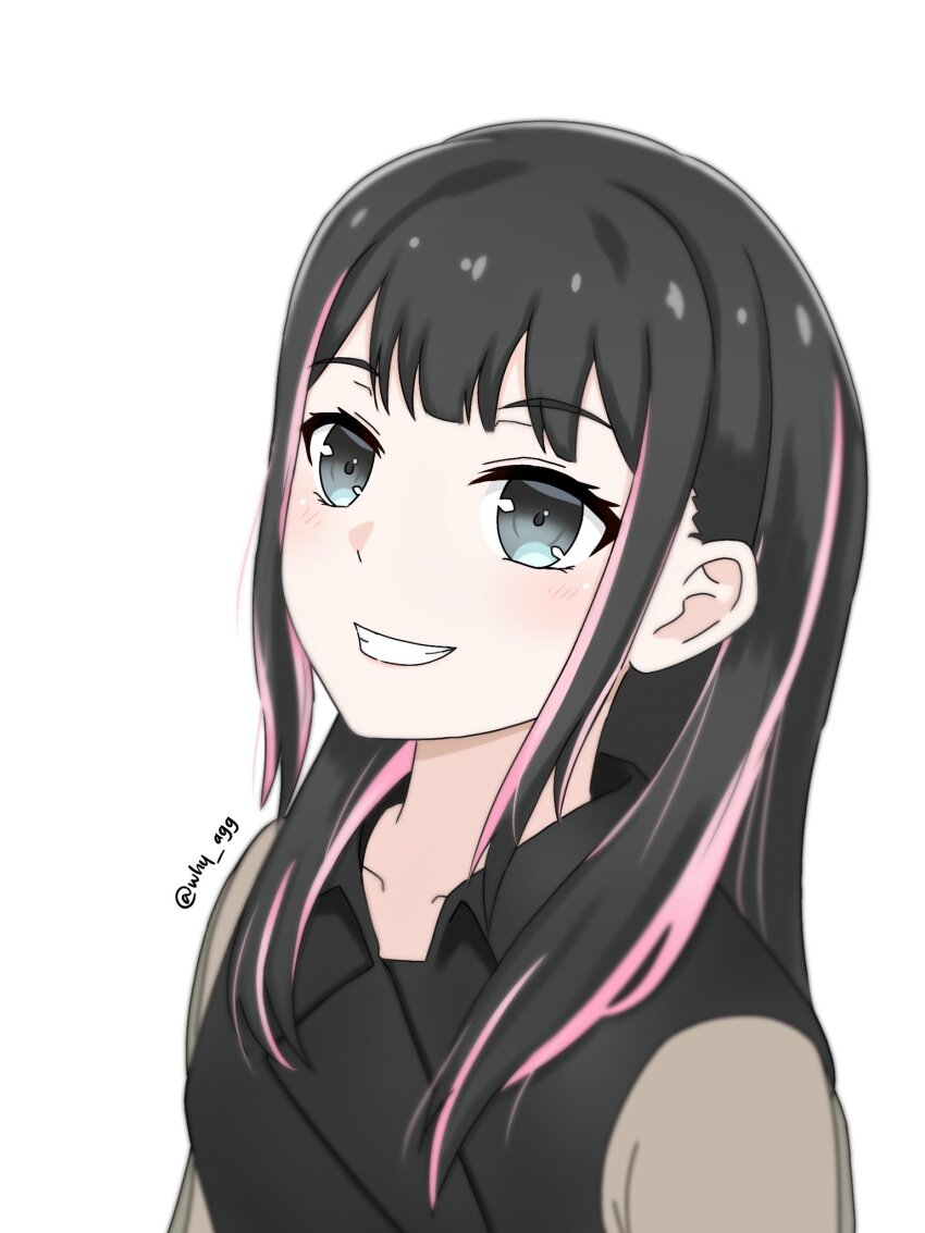 1girl a_whydc bang_dream! bang_dream!_it&#039;s_mygo!!!!! black_eyes black_hair black_shirt blush chihaya_anon clenched_teeth collarbone commentary highres long_hair multicolored_hair open_mouth pink_hair shirt simple_background solo streaked_hair tateishi_rin teeth twitter_username upper_body voice_actor voice_actor_connection white_background