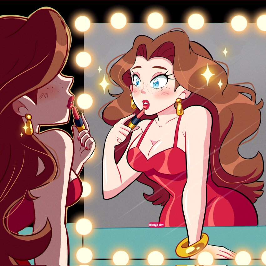 1girl arm_support artist_name bare_arms bare_shoulders blue_eyes blush bracelet breasts brown_hair cleavage collarbone commentary cosmetics donkey_kong_(series) dress earrings english_commentary eyeshadow floating_earrings freckles gold_bracelet gold_earrings halter_dress halterneck hand_up highres holding holding_lipstick_tube jewelry large_breasts lipstick_tube long_hair looking_at_mirror makeup manysart1 mario_(series) mirror nintendo parted_lips pauline_(mario) purple_eyeshadow red_dress red_lips red_nails solo taut_clothes taut_dress wavy_hair