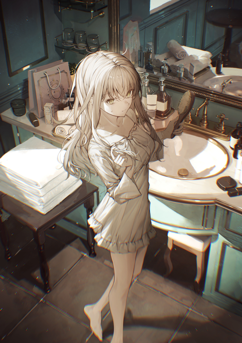 1girl absurdres barefoot bathroom bottle collarbone commentary_request dress full_body hair_brush highres holding holding_hair_brush indoors long_hair long_sleeves messy_hair mirror original sink soap_bottle solo standing sweatdrop tamitami towel twirling_hair white_dress white_hair yellow_eyes