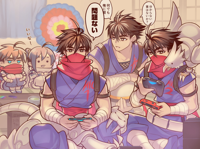 5boys :d ahoge blue_eyes blue_hair brown_eyes brown_hair chibi controller dated dualshock game_controller gamepad highres indian_style joy-con leo_tail male_focus mask mouth_mask multiple_boys multiple_persona open_mouth playstation_controller ponytail red_mask red_scarf robot scarf short_hair sitting smile strider_(video_game) strider_hien strider_hiryuu tetrapodal_mecha_panther translation_request twitter_username