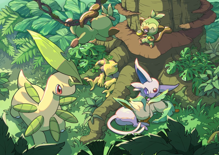 abra absurdres bayleef closed_eyes colored_sclera colored_skin commentary_request creatures_(company) eating espeon game_freak gen_1_pokemon gen_2_pokemon gen_4_pokemon gen_8_pokemon grass green_skin grookey highres leafeon looking_at_another lying nintendo no_humans open_mouth plant pokemon pokemon_(creature) purple_sclera purple_skin q-chan red_eyes sitting sleeping tree yellow_skin