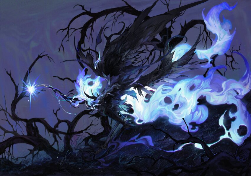 absurdres animal_focus bare_tree black_wings blue_fire deepsea9013 fire from_side full_body highres monster no_humans original outdoors plant_roots solo tail tree wings