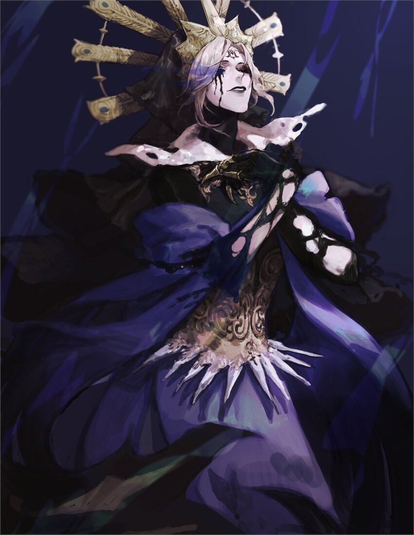 1boy androgynous black_cape black_gloves black_lips blue_background cape closed_eyes commentary cowboy_shot crossed_arms dress gloves grey_hair hair_ornament highres hood hood_up hooded_cape makeup male_focus medium_hair pale_skin parted_lips purple_dress runny_makeup smile smoke solo teeth torn_clothes torn_sleeves twisted_wonderland ven0305 vil_schoenheit yellow_corset