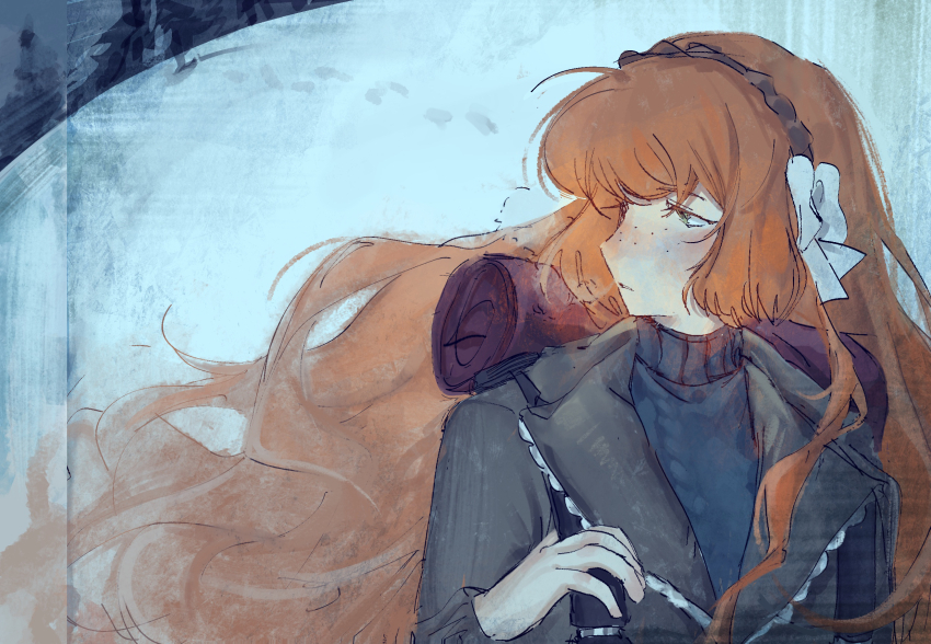 1girl backpack bag bow freckles green_eyes green_jacket hair_bow hairband highres humian0101 ishmael_(identity_archive)_(project_moon) ishmael_(project_moon) jacket limbus_company long_hair orange_hair profile project_moon sad snow solo sweater turtleneck turtleneck_sweater upper_body very_long_hair