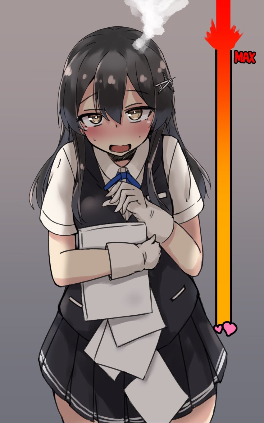 1girl black_hair black_skirt black_vest blue_ribbon brown_eyes cowboy_shot embarrassed gauge gloves grey_background hair_ornament hairclip highres holding holding_paper kantai_collection looking_at_viewer neck_ribbon oyashio_(kancolle) paper pleated_skirt ribbon shirt short_sleeves simple_background skirt solo steam vest wasumi_kei white_gloves white_shirt