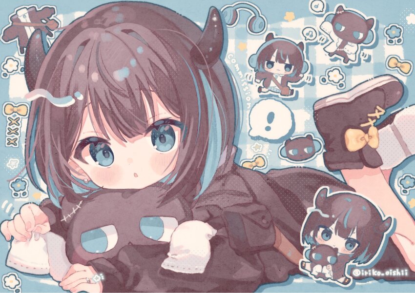 ! 1girl :3 :o blue_background blue_eyes blue_hair blunt_bangs blush blush_stickers boots bow brown_boots brown_hair brown_jacket bull chibi closed_mouth commentary commission cow_horns drop_shadow headphones highres horns indie_virtual_youtuber jacket kamizakana_iriko legs_up long_sleeves looking_at_viewer lying multicolored_hair musical_note on_stomach open_clothes open_jacket open_mouth sakaki_yuno short_hair skeb_commission spoken_exclamation_mark spoken_musical_note streaked_hair twitter_username yellow_bow