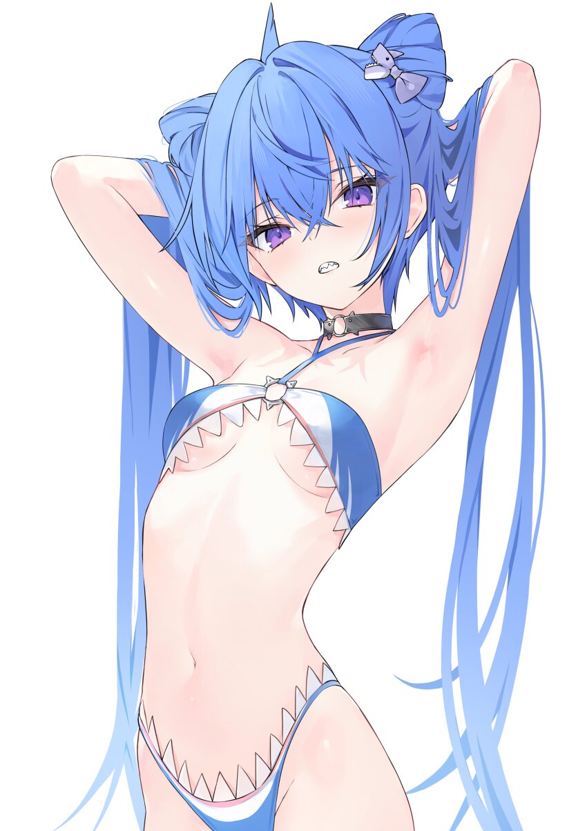 1girl absurdres armpits bikini blue_hair breasts choker double-parted_bangs double_bun hair_between_eyes hair_bun hands_in_own_hair highres lisu long_hair looking_at_viewer navel o-ring o-ring_choker original purple_eyes sharp_teeth small_breasts solo swimsuit teeth white_background
