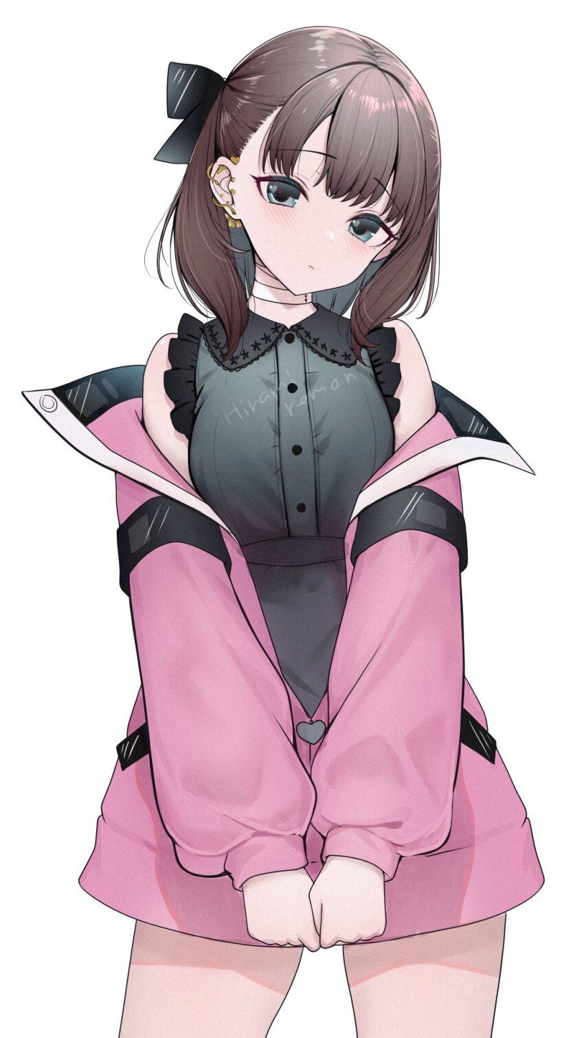 1girl black_ribbon breasts buttons clenched_hands closed_mouth collared_dress cowboy_shot dot_nose dress earrings eyelashes forehead frilled_dress frills green_dress green_eyes hair_ribbon head_tilt highres idolmaster idolmaster_cinderella_girls idolmaster_cinderella_girls_starlight_stage jacket jewelry light_blush long_sleeves looking_at_viewer medium_hair off_shoulder open_clothes open_jacket pink_jacket ribbon sakuma_mayu saltylemontea simple_background sleeveless sleeveless_dress small_breasts solo white_background