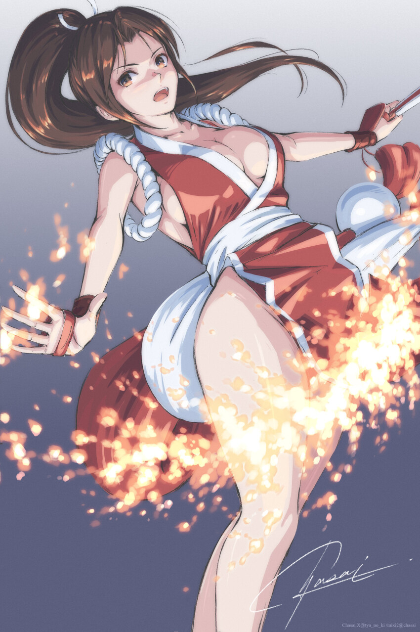 1girl absurdres artist_name bare_shoulders breasts brown_hair cleavage collarbone commentary_request fatal_fury fire gradient_background grey_background hand_fan high_ponytail highres holding holding_fan japanese_clothes medium_breasts ninja open_mouth orange_eyes parted_bangs pelvic_curtain ponytail revealing_clothes revision shiranui_mai signature sleeveless snk solo the_king_of_fighters thighs twitter_username tyanoki