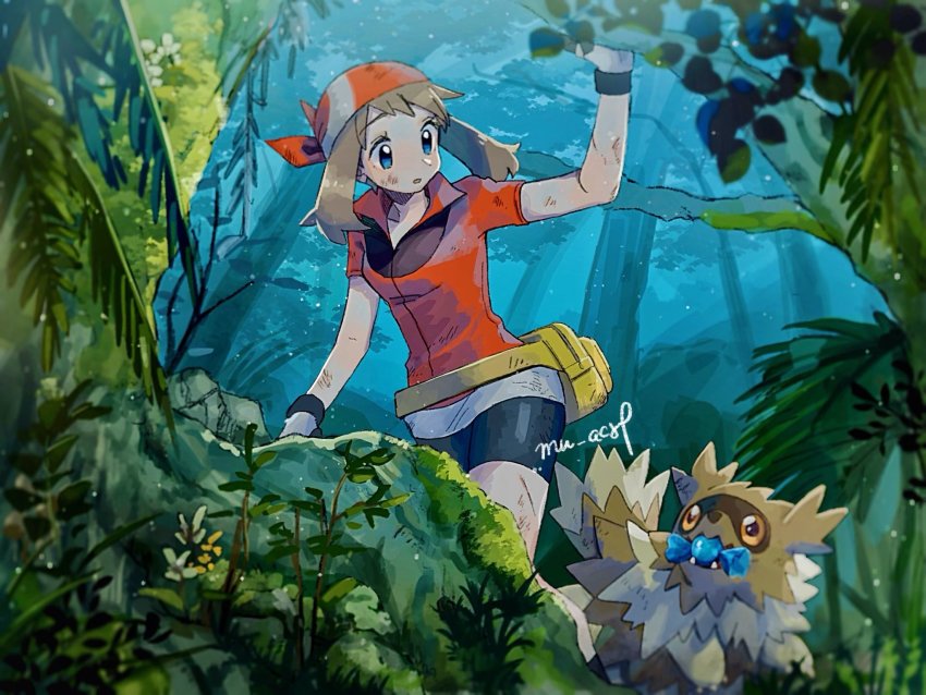 1girl bandana bike_shorts blue_eyes breasts brown_hair commentary_request creatures_(company) eyelashes game_freak gen_3_pokemon gloves hanenbo highres holding long_hair looking_down may_(pokemon) nintendo outdoors parted_lips pokemon pokemon_(creature) pokemon_rse red_bandana shirt signature tree zigzagoon