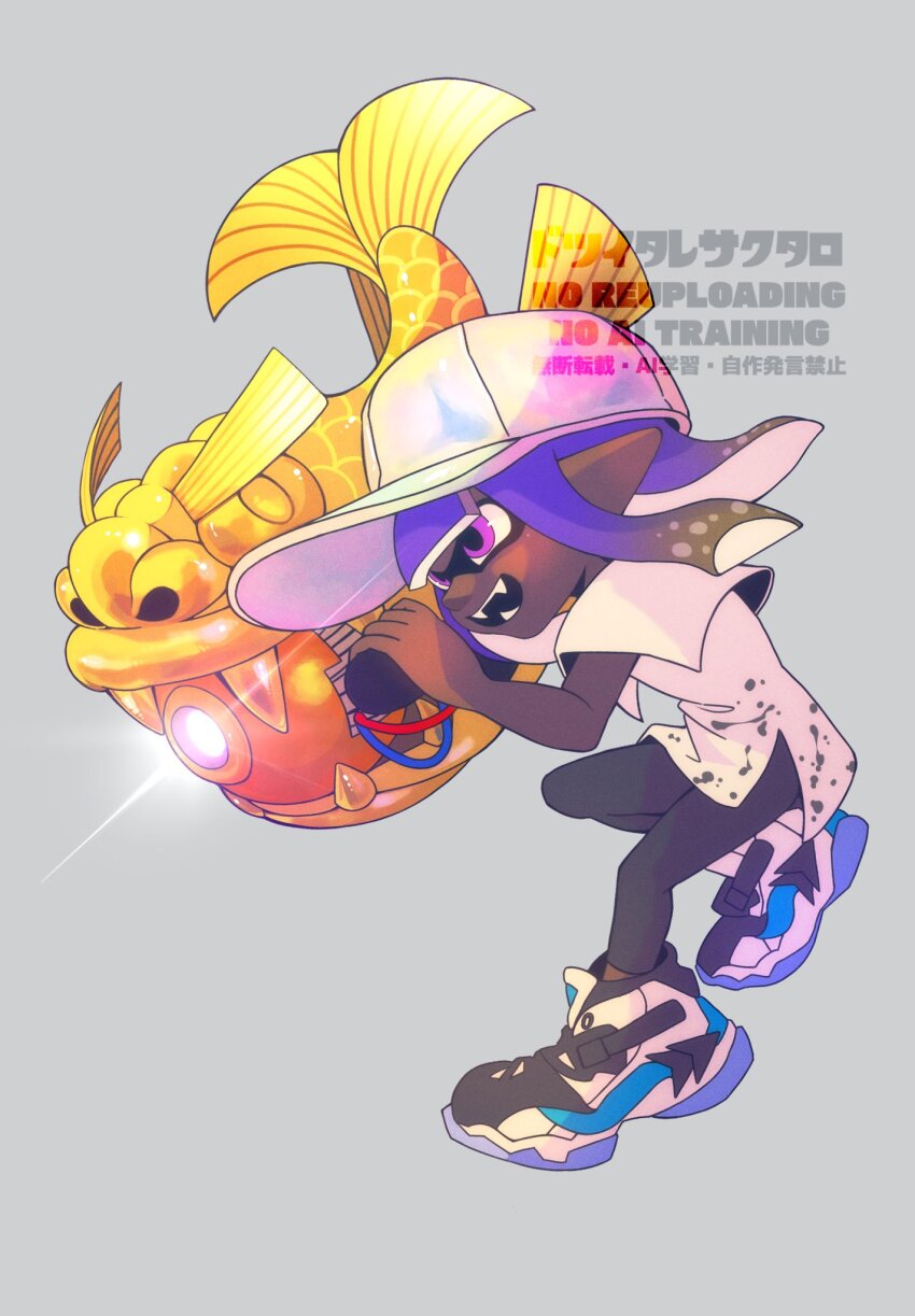 1girl 39_uxue baseball_cap black_pants commentary_request dark-skinned_female dark_skin grey_background hat highres inkling inkling_girl inkling_player_character long_hair nintendo open_mouth pants pink_eyes pointy_ears purple_hair rainmaker_(splatoon) shirt shoes simple_background smile solo splatoon_(series) splatoon_3 tentacle_hair watermark white_shirt