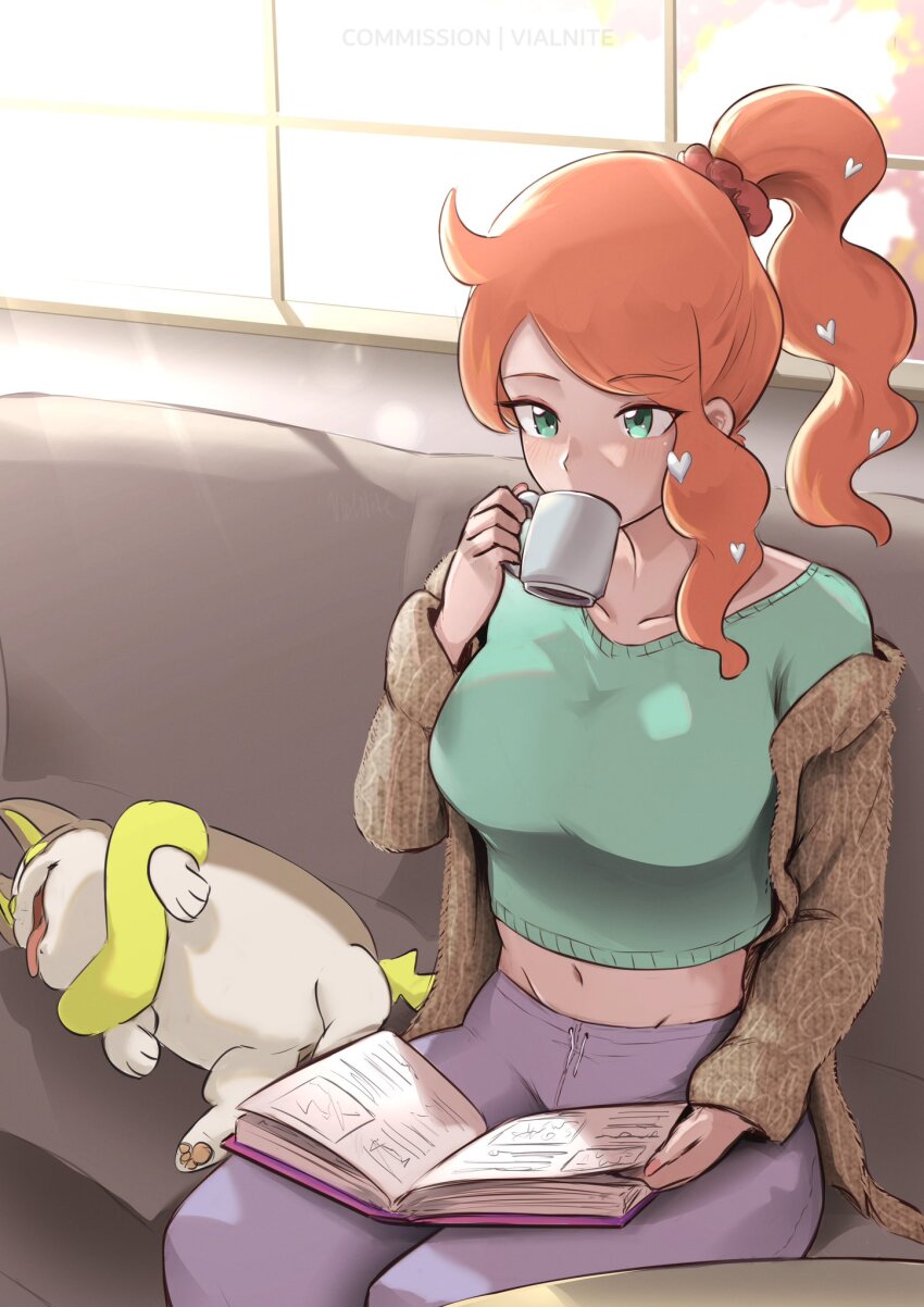 1girl book brown_jacket commentary commission couch cup drinking english_commentary gen_8_pokemon green_eyes green_shirt highres holding holding_book holding_cup jacket midriff navel nintendo off_shoulder on_couch open_book orange_hair pokemon pokemon_(creature) pokemon_sv ponytail shirt sitting sonia_(pokemon) vialnite yamper