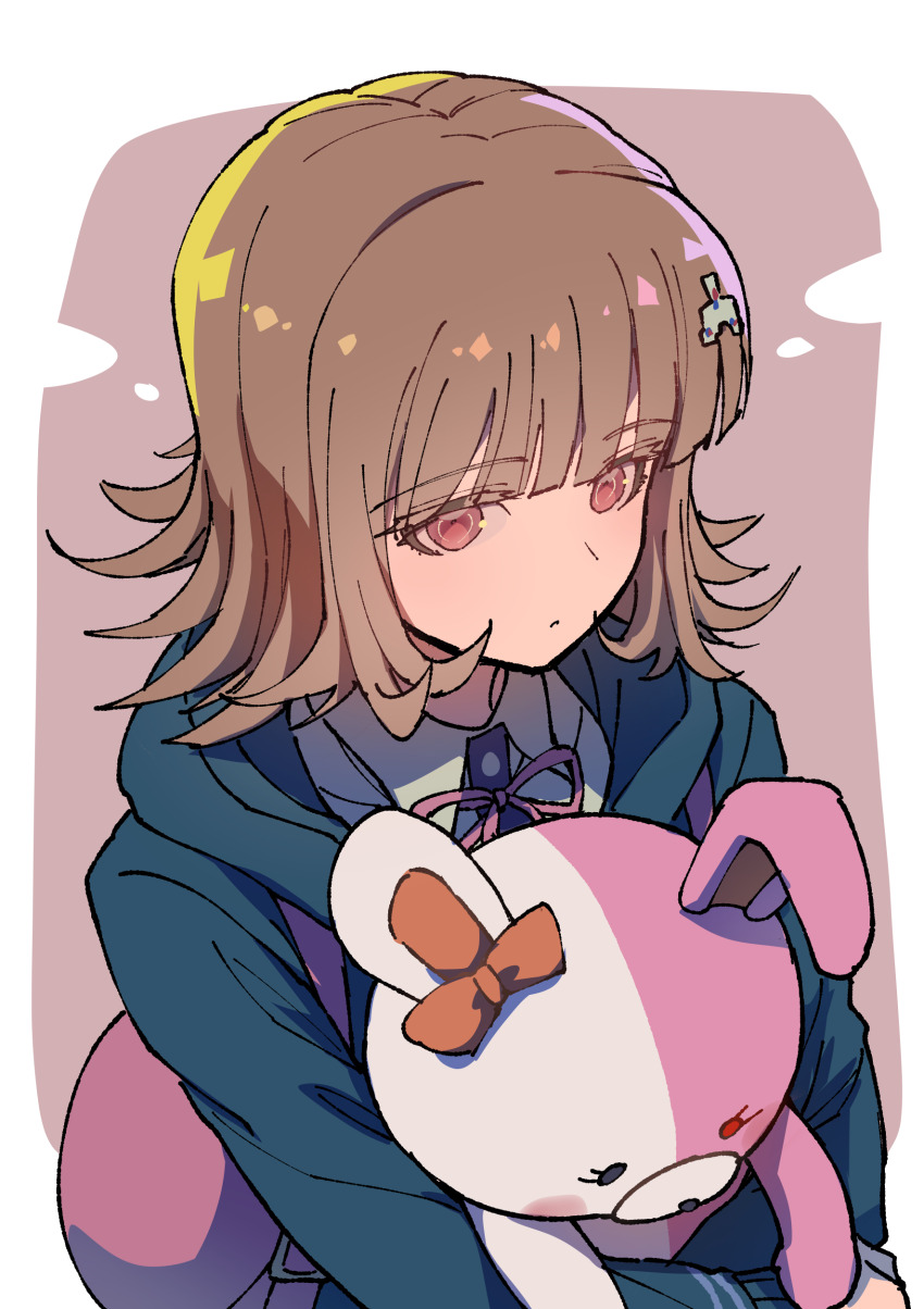 1girl absurdres animal_bag black_jacket brown_hair cat_bag danganronpa_(series) danganronpa_2:_goodbye_despair flipped_hair grey_background hair_ornament highres hood hood_down jacket medium_hair monomi_(danganronpa) nanami_chiaki neck_ribbon pink_background pink_bag pink_eyes ribbon shirt solo spaceship_hair_ornament upper_body white_background youko-shima