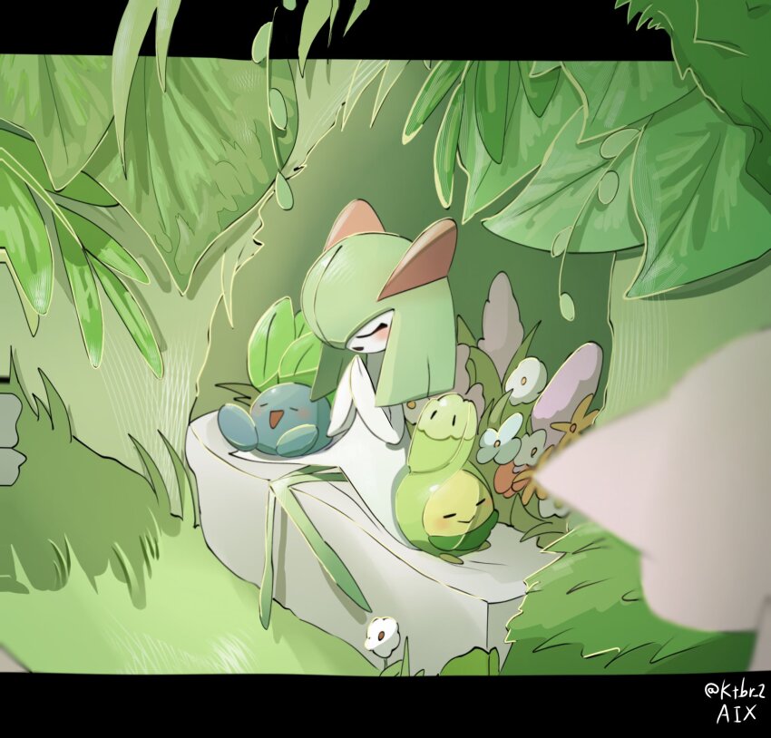 artist_name blue_skin budew closed_eyes colored_skin foliage game_freak gen_1_pokemon gen_3_pokemon gen_4_pokemon grass green_hair green_skin hair_over_one_eye highres horns kirlia ktbr_2 multicolored_skin nintendo oddish pokemon pokemon_(creature) sidelocks signature sitting smile two-tone_skin white_skin