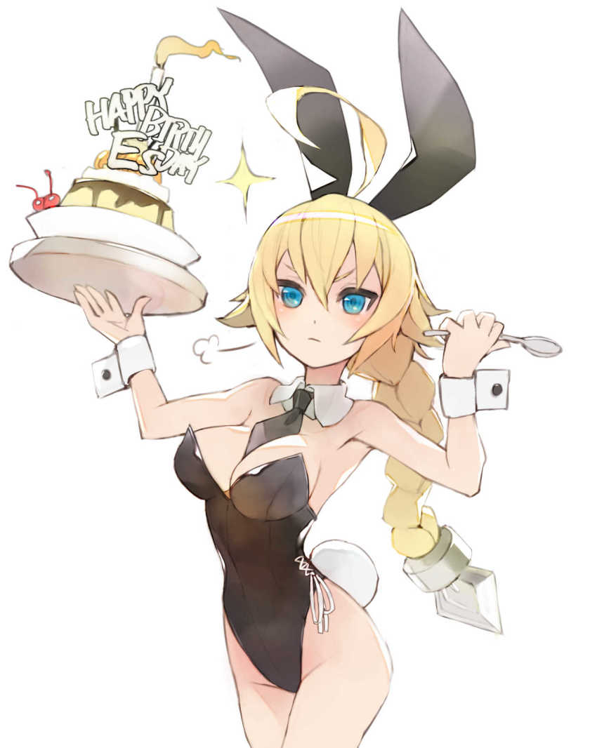 1girl ahoge animal_ears bana_(stand_flower) birthday blazblue blonde_hair blue_eyes blush braid breasts es_(xblaze) fake_animal_ears female_focus food frills hair_between_eyes hair_weapon highres huge_ahoge large_breasts leotard long_hair looking_at_viewer necktie playboy_bunny pudding rabbit_ears rabbit_tail single_braid solo spoon tail underbust wrist_cuffs xblaze xblaze_code:_embryo