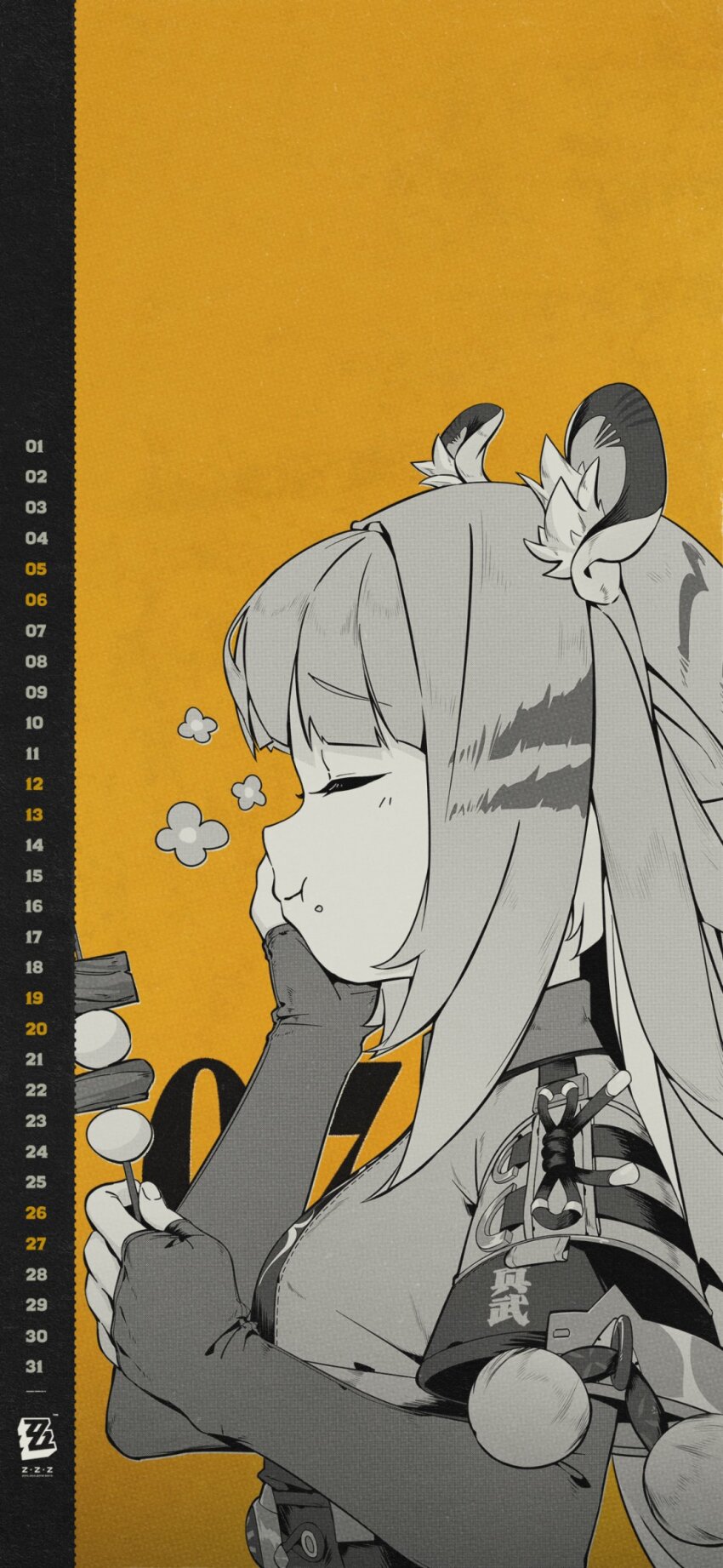 1girl animal_ear_fluff animal_ears breasts closed_eyes closed_mouth commentary eating english_commentary english_text food greyscale_with_colored_background hand_on_own_cheek hand_on_own_face highres ju_fufu medium_breasts official_art smile tiger_ears yellow_background zenless_zone_zero