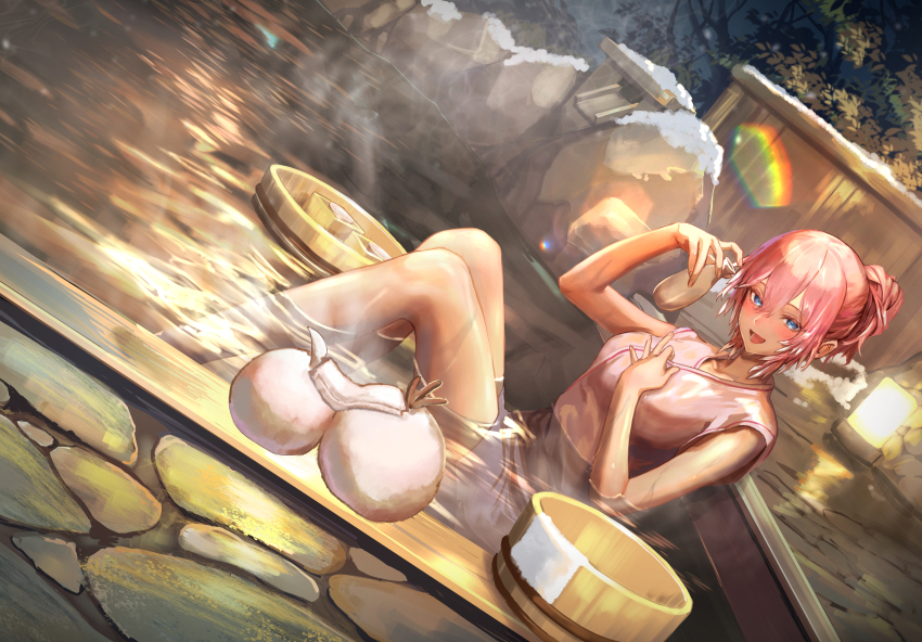 1girl absurdres ahoge blue_eyes blush breasts bucket choko_(cup) cup hair_between_eyes highres holding holding_cup hololive large_breasts looking_at_viewer night onsen open_mouth pink_hair ponytail qdx4p smile snow solo takane_lui thighs tokkuri tsukune_(takane_lui) tsumire_(takane_lui) virtual_youtuber water wooden_bucket