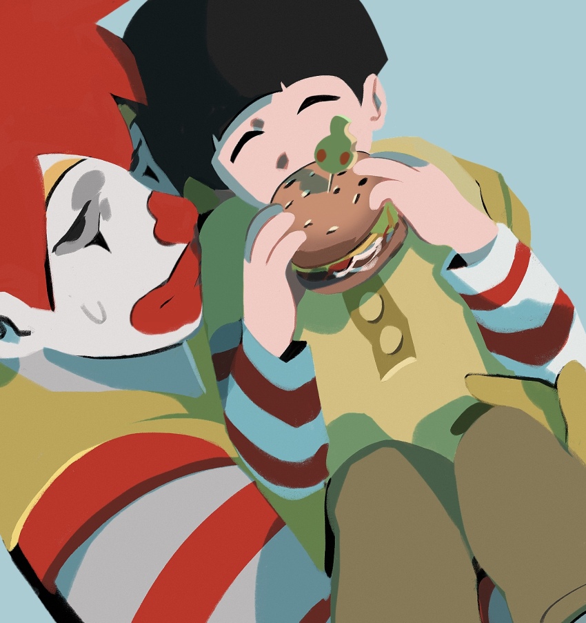 2boys anheng3ll black_hair blunt_bangs burger child clown clown_boy commentary cosplay ekubo_(mob_psycho_100) food highres holding holding_burger holding_food kageyama_shigeo mcdonald&#039;s mob_psycho_100 multiple_boys reigen_arataka ronald_mcdonald ronald_mcdonald_(cosplay) shirt