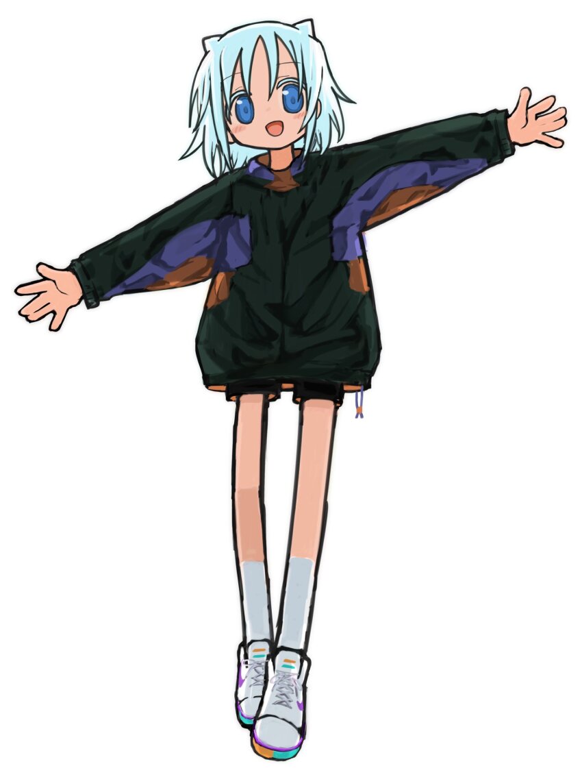 1girl black_jacket black_shorts blue_eyes blush full_body hair_horns highres jacket kneehighs long_legs long_sleeves looking_at_viewer medium_hair multicolored_jacket null-meta odayaka open_mouth orange_jacket outstretched_arms purple_jacket shoes short_shorts shorts simple_background smile sneakers socks solo spread_arms straight-on takada_shiyuki walking white_background white_hair white_shoes white_socks ||/