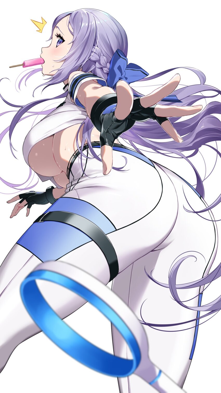 1girl ^^^ ass bare_shoulders belt black_gloves bladeless_fan blue_bow blush bow braid breasts commentary_request cowboy_shot crop_top cropped_shirt fingerless_gloves folkwang_(nikke) food food_in_mouth gloves goddess_of_victory:_nikke hair_bow highres large_breasts long_hair looking_at_viewer mouth_hold pants popsicle popsicle_in_mouth purple_eyes purple_hair shirt sidelocks simple_background sleeveless sleeveless_shirt solo standing sweat thigh_belt thigh_strap tochi_keisuke underboob white_background white_pants