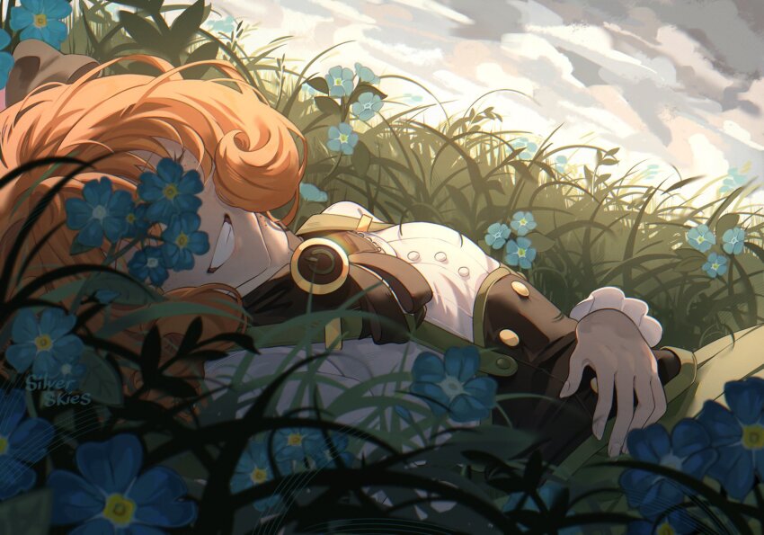 1girl artist_name blue_flower cloud cloudy_sky flower grass grey_sky highres looking_at_viewer lying medium_hair on_grass on_side orange_hair penny_polendina rwby shirt silverskies sky smile solo upper_body white_shirt