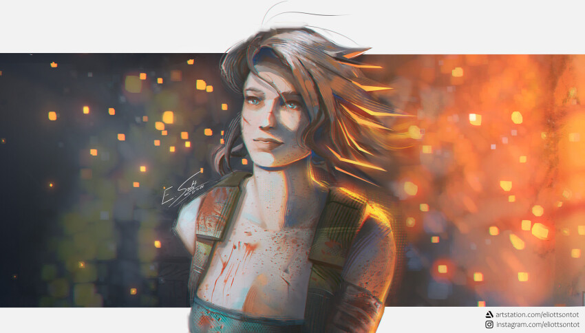 1girl artist_name bandaged_arm bandages blood blood_on_clothes blood_on_face bloody_bandages blue_eyes brown_hair eliottsontot fire highres jill_valentine resident_evil resident_evil_3:_nemesis short_hair signature smile
