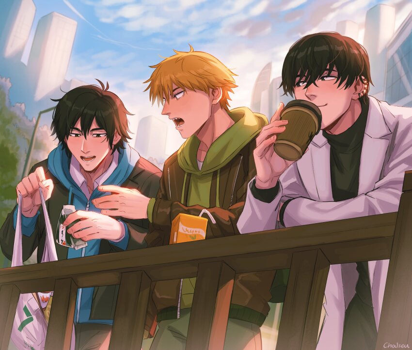 3boys absurdres bag black_eyes black_hair black_jacket black_sweater blonde_hair blue_hoodie brown_jacket chainsaw_man chalseu closed_mouth cup denji_(chainsaw_man) earrings food green_hoodie hair_between_eyes highres holding holding_bag holding_cup holding_food hood hoodie jacket jewelry male_focus multiple_boys onigiri open_mouth plastic_bag sharp_teeth short_hair smile sugo_miri sweater teeth turtleneck turtleneck_sweater white_jacket yoshida_hirofumi
