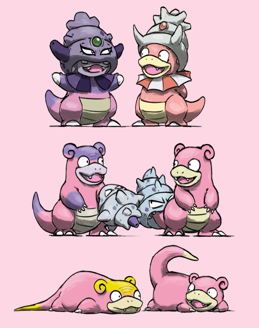 :3 animal_focus arms_behind_back black_eyes blacknirrow claws closed_mouth evolutionary_line eye_contact fangs fangs_out forehead_jewel full_body galarian_form galarian_slowbro galarian_slowking galarian_slowpoke gem gen_1_pokemon gen_2_pokemon gen_8_pokemon green_gemstone happy highres looking_at_another lying nintendo no_humans on_stomach open_mouth pink_background pink_gemstone pink_theme pokemon pokemon_(creature) shell simple_background slowbro slowking slowpoke smile spikes standing