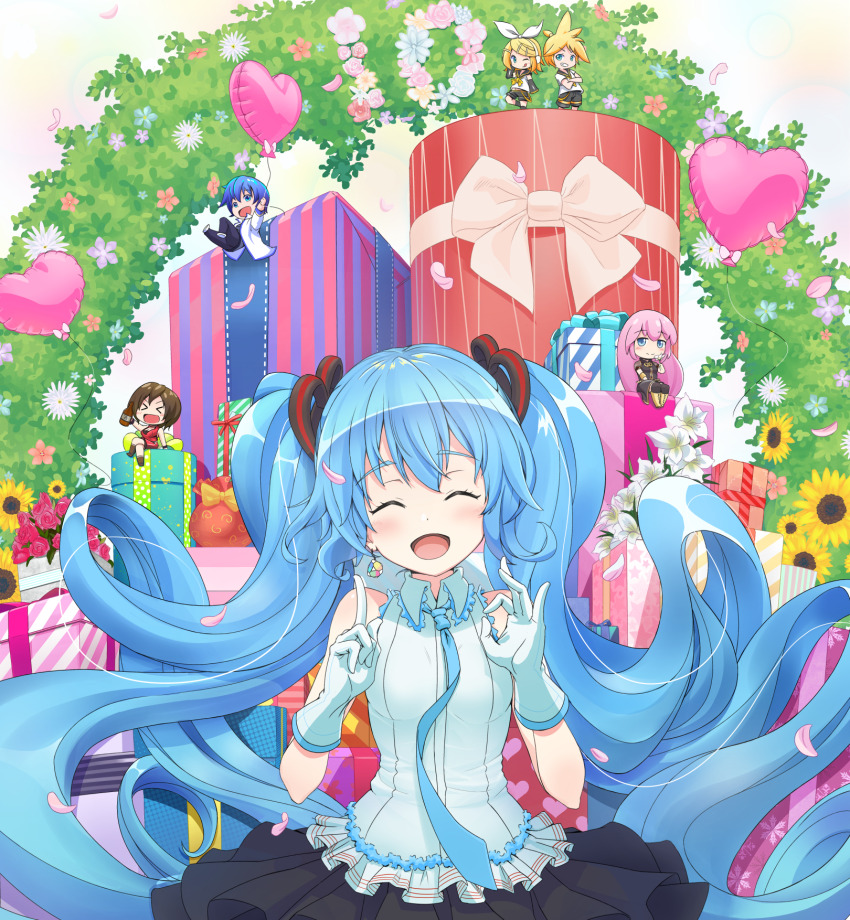 &gt;_&lt; 2boys 4girls :d ^_^ balloon bare_shoulders bib_(bibboss39) black_dress black_pants black_sailor_collar black_shorts black_skirt blonde_hair blue_eyes blue_flower blue_hair blue_necktie blush bottle box breasts brown_eyes closed_eyes collared_shirt commentary_request dress facing_viewer finger_counting flower gift gift_box gloves hands_up hatsune_miku heart_balloon highres holding holding_bottle jacket kagamine_len kagamine_rin kaito_(vocaloid) layered_skirt long_hair medium_breasts megurine_luka meiko_(vocaloid) multiple_boys multiple_girls necktie open_clothes open_jacket open_mouth pants petals pink_flower pink_hair pink_rose pleated_skirt red_shirt rose sailor_collar shirt short_sleeves shorts skirt sleeveless sleeveless_shirt smile twintails very_long_hair vocaloid white_flower white_gloves white_jacket white_shirt xd yellow_flower