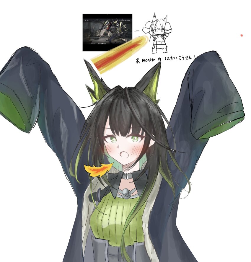 1girl arknights arms_up black_hair black_jacket blush breasts breath_weapon breathing_fire commentary_request fire green_eyes green_shirt grey_hair highres jacket long_hair long_sleeves looking_at_viewer mon3tr_(arknights) multicolored_hair multiple_views open_clothes open_jacket open_mouth shirt simple_background sleeves_past_fingers sleeves_past_wrists small_breasts streaked_hair translation_request white_background wk2_(w_or_k)